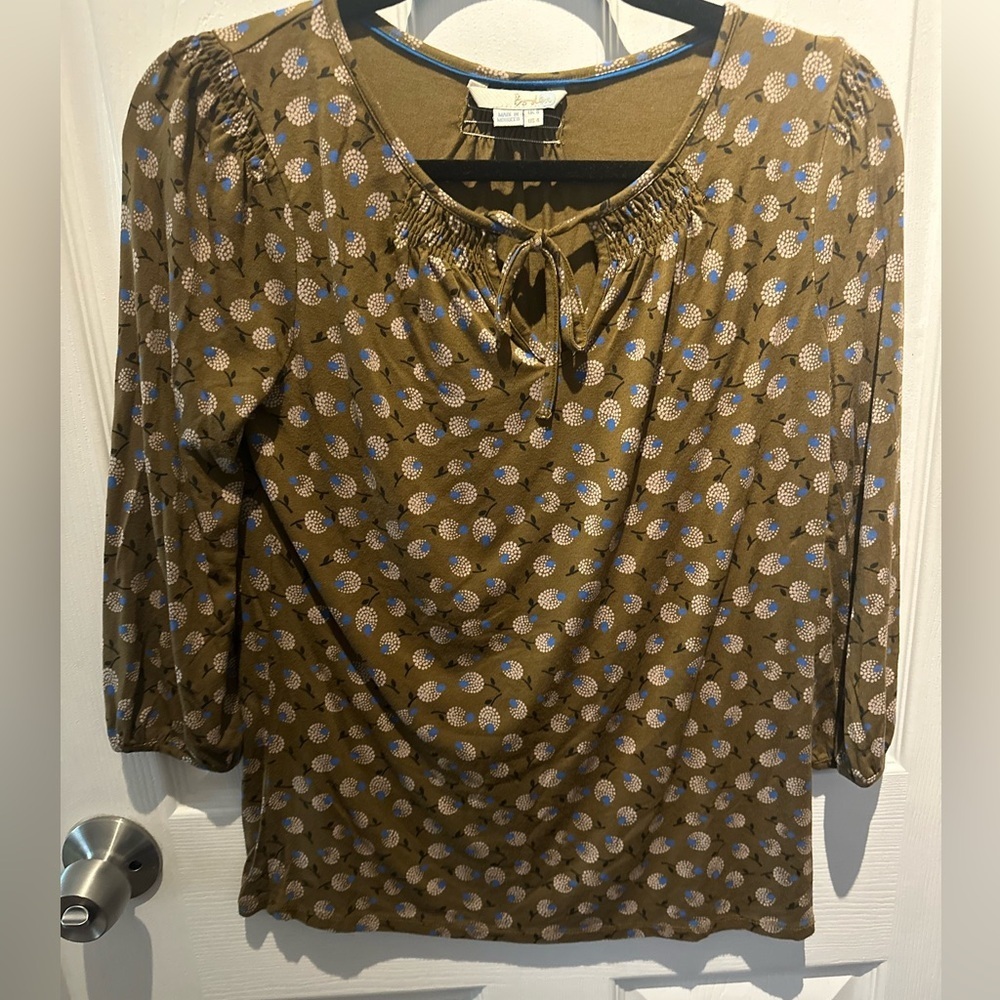 Boden Women's Peasant Top Boho Size 4 Regular Brown Floral Printed Keyhole
